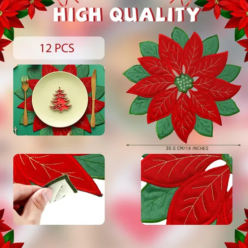 Miniatura 2 de Ganeen 12 manteles individuales bordados de Navidad con apliques de flor de pascua roja para decoración de mesa en el hogar, comedor, día festivo