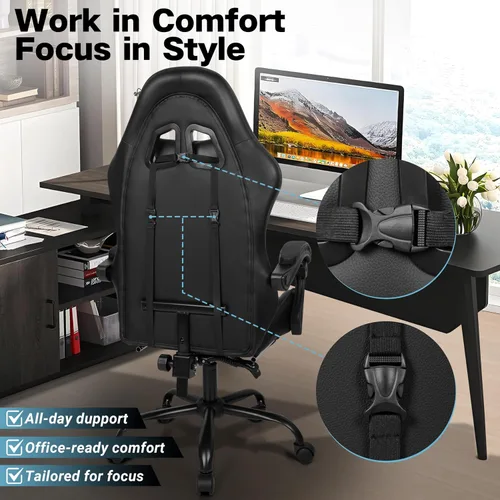 Miniatura 3 de Silla de juegos, silla ergonómica para computadora con reposapiés y soporte lumbar, silla de oficina ajustable en altura con asiento giratorio