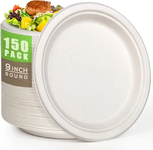 Miniatura 13 de Gezond 150 platos de papel compostables de 9 pulgadas, platos desechables sin blanquear, resistentes y ecológicos, de fibra de caña de azúcar, placa