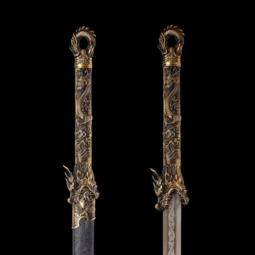 Miniatura 5 de Hoja de acero al carbono recta hecha a mano con patrón fresco chino Tang Dao Dragon Sword Dorado
