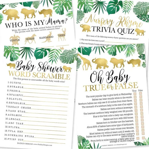 25 Safari Word Scramble para baby shower, 25 juegos verdaderos o falsos, 25 juegos de animales para bebés, 25 juegos de rimas para guardería, 4