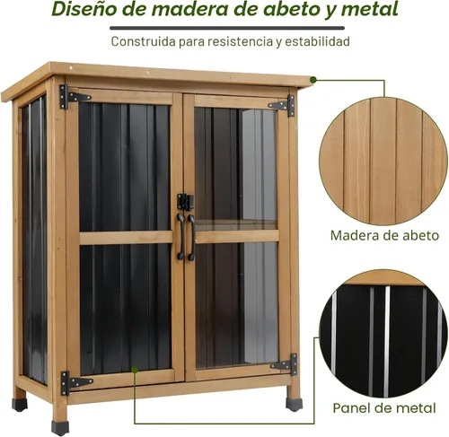 Miniatura 5 de Ketive Armario de almacenamiento para exteriores, pequeño gabinete de almacenamiento de herramientas de jardín de madera y metal con techo de Negro