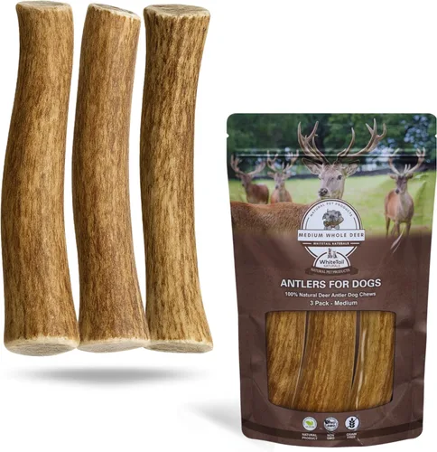 Whitetail Naturals - Paquete de 3 masticables medianos para perros con cuernos de ciervo - Cuernos para perros medianos - Huesos de perro de