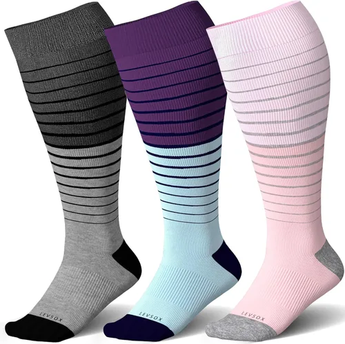 LEVSOX Calcetines de compresión de pantorrilla ancha para mujeres y hombres, talla grande, 15-20 mmHg, hasta la rodilla, medias de gran soporte para