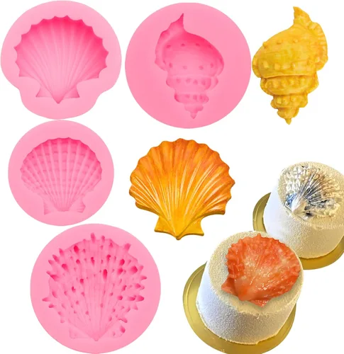 Molde de silicona para fondant de concha, 4 paquetes de moldes de chocolate para hornear temática marina decoración de pasteles, adornos de 4