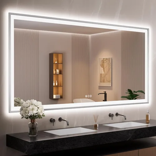 Miniatura 67 de Espejo de baño LED de 60x36 pulgadas con marco negro, espejos de baño retroiluminados y con luz frontal para pared, antiempañamiento, regulable