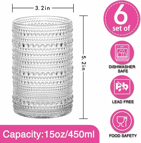 Miniatura 2 de Consou - Juego de 6 vasos grandes de 15 onzas, cristalería de hobnail con base pesada de vidrio grueso Vidrio de bola alta hobnail