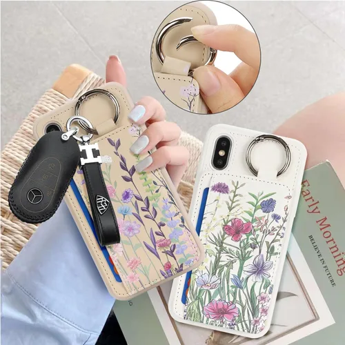 Miniatura 7 de Havaya Funda para iPhone Xs y iPhone X, cartera con tarjetero y llavero, soporte de anillo de piel sintética, diseño floral con ranuras