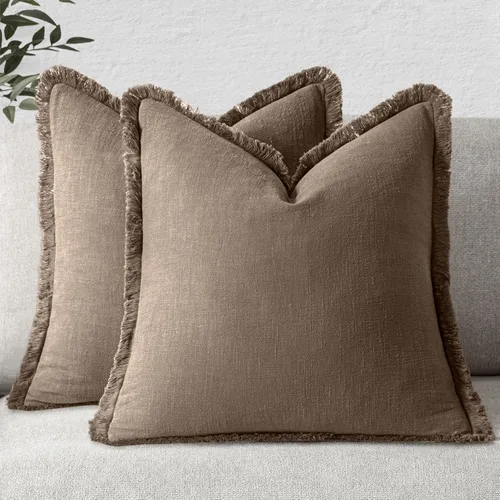 Miniatura 41 de MIULEE Juego de 2 fundas de almohada decorativas de lino neutro con flecos, fundas de cojín de estilo bohemio con borlas para sofá, cama, sala