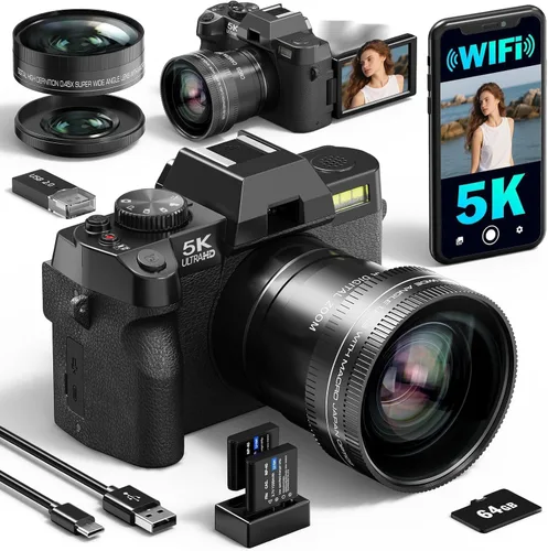 Cámara digital 5K para fotografía, cámara de vlogging WiFi de 64MP con doble lente y pantalla abatible de 180°, zoom 16X, kit de cámara de apuntar y