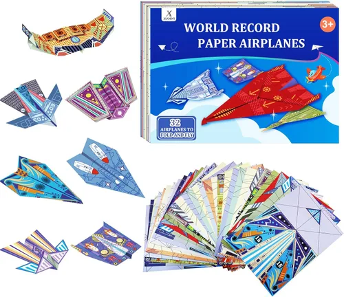 Kits de avión de papel con 16 diseños clásicos, 32 hojas de papel de origami colorido, aviones de papel de récord mundial, kit de manualidades para