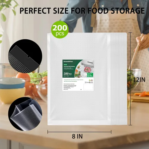 Miniatura 5 de Bonsenkitchen Bolsas selladoras al vacío, 200 unidades de 8 pulgadas de ancho x 12 pulgadas de alto, sin BPA, grado comercial, bolsas gruesas
