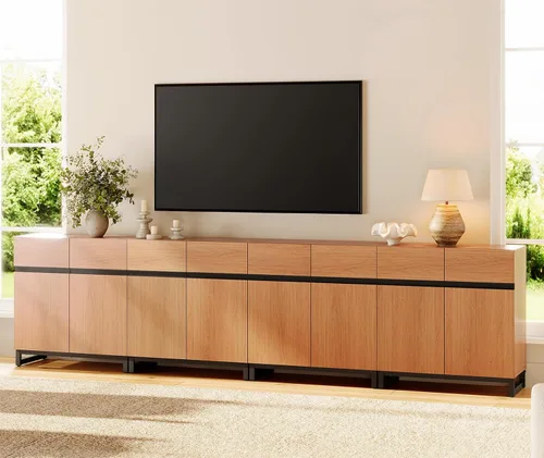 Miniatura 18 de Wampat Moderno soporte de TV para televisores de 100 pulgadas, consola central de entretenimiento 3 en 1 con estantes ajustables y base de metal