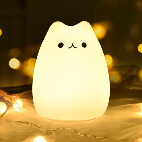 Lámpara LED de mesilla de noche con forma de gato, multicolor silicona suave para habitación del bebé, control, blanco cálido y 7 modos de luz