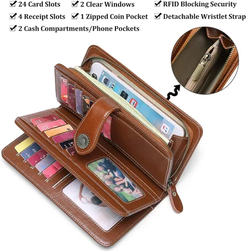 Miniatura 4 de FALAN MULE Cartera de cuero para mujer, de gran capacidad, bifold, con bloqueo RFID, tarjetero con bolsillo para monedas con cremallera