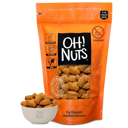 Oh! Nuts Almendras tostadas sin sal, 2 libras, empaquetadas en bolsa con cierre de cremallera de Nueva York para una frescura excepcional