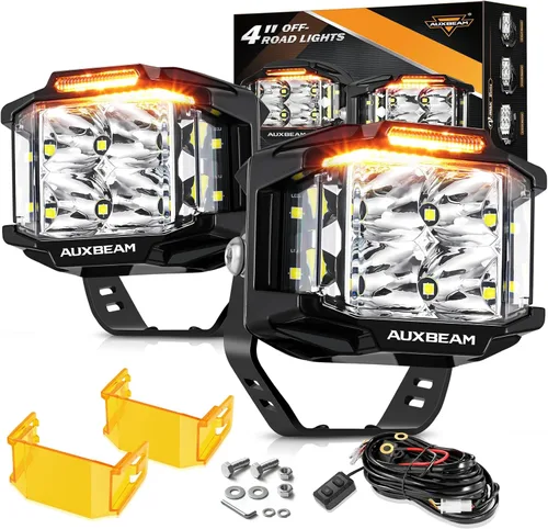 Auxbeam Cápsula LED de cubo de 4 pulgadas y 92 W con DRL ámbar, luces V-MAX Series Offroad Pod con disparador lateral y cubiertas ámbar, cubo LED