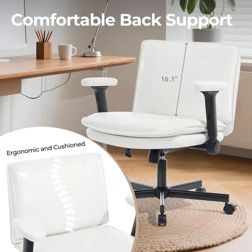 Miniatura 9 de Silla Criss Cross con brazos abatibles y ruedas con bloqueo, silla de escritorio de oficina de cuero con patas cruzadas, silla de computadora Blanco