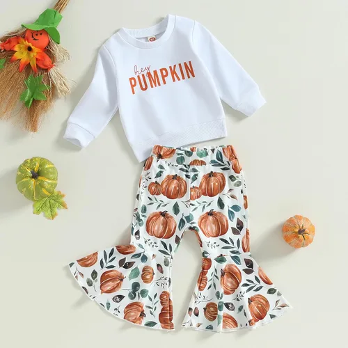Miniatura 129 de Conjunto de sudadera con cuello redondo y estampado de pastel de calabaza para niña, camiseta y pantalones acampanados
