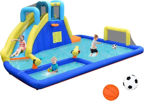 Miniatura 9 de HONEY JOY Tobogán acuático inflable, parque acuático gigante con porterías de fútbol para exteriores, piscina, escalada, toboganes acuáticos