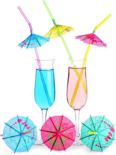 Miniatura 9 de Sieral 300 popotes para sombrillas, para decoración de fiesta Luau, pajitas de cóctel hawaianas flexibles con paraguas, popotes desechables