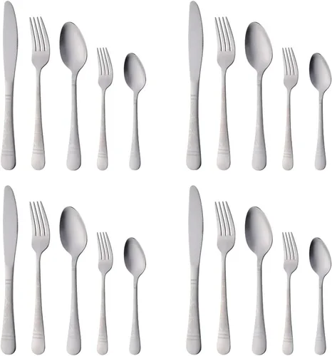 Miniatura 11 de Juego de cubiertos martillados dorados para 4, 20 piezas, diseño único de acero inoxidable, incluye cuchillos, tenedores, cucharas, esmalte de Oro
