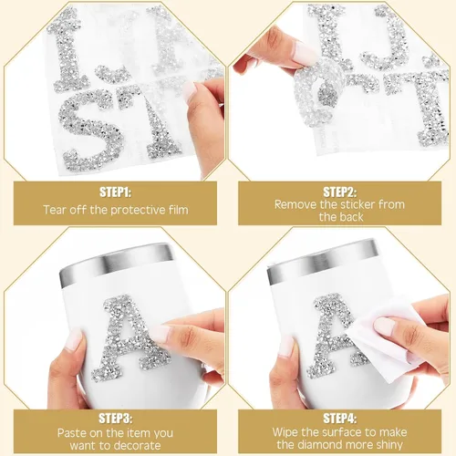 Miniatura 4 de Tigeen 52 calcomanías de letras con purpurina de diamantes de imitación de la A a la Z, calcomanías autoadhesivas para planchar para ropa