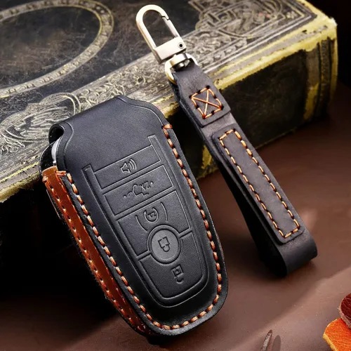 Miniatura 6 de Funda de cuero para llave de auto para Ford F-150 Mustang, llave inteligente con mando a distancia, funda de 5 botones, color negro