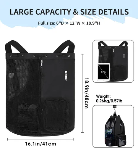 Miniatura 5 de WANDF Mochila de Malla con Cordón para Natación, con Bolsillo para Artículos Húmedos, para Natación, Gimnasio y Equipo de Entrenamiento Negro