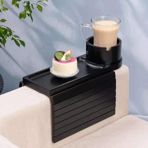 Miniatura 9 de Soporte de taza para sofá para reposabrazos de más de 4.9 pulgadas de ancho, bandeja de brazo de sofá de madera de acacia con soporte de taza
