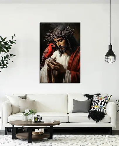 Miniatura 2 de Arte de pared de Jesús y cardenal, decoración de Cristo, cuadro enmarcado de Dios, pintura cristiana, inspiración religiosa, impresiones en lienzo