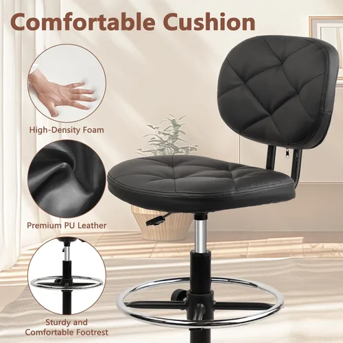 Miniatura 5 de KLASIKA Taburetes rodantes de piel sintética con reposapiés y soporte para la espalda, silla de dibujo tapizada con diamante ajustable con ruedas