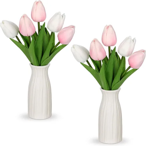 Miniatura 7 de Briful Paquete de 2 tulipanes artificiales de flores sintéticas con jarrón de cerámica, tulipanes morados de espuma de polietileno, arreglo floral