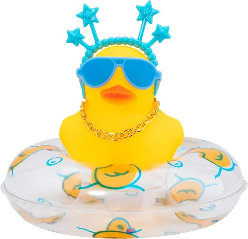 Miniatura 15 de wonuu Adornos de pato de goma para automóvil, decoración de tablero de automóvil con bonita diadema, anillo de natación, collar, gafas de sol