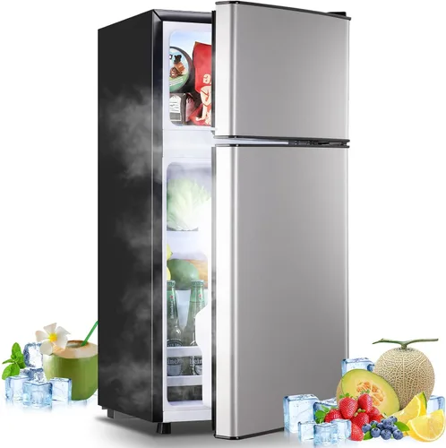 Miniatura 9 de Mini refrigerador con congelador, refrigerador pequeño de doble puerta, refrigerador de dormitorio para soltero, con estantes extraíbles para Negro