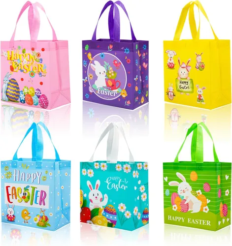 JWSCYSY 6 bolsas de Pascua no tejidas con asa, bolsas de regalo de Pascua feliz para niños, bolsas de golosinas de conejo, bolsas reutilizables de