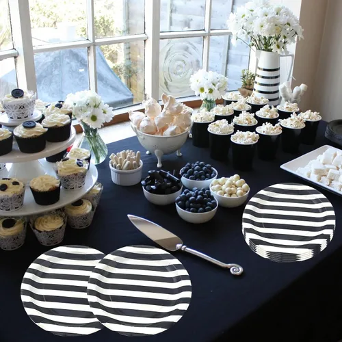 Miniatura 4 de Platos de papel a rayas negras, 72 unidades, platos redondos de fiesta de 9 pulgadas para postres, pasteles, frutas