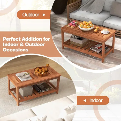 Miniatura 4 de Giantex Mesa de centro de madera dura para patio, mesa de centro de madera de 2 niveles con mesa de listones y estante de almacenamiento, mesa