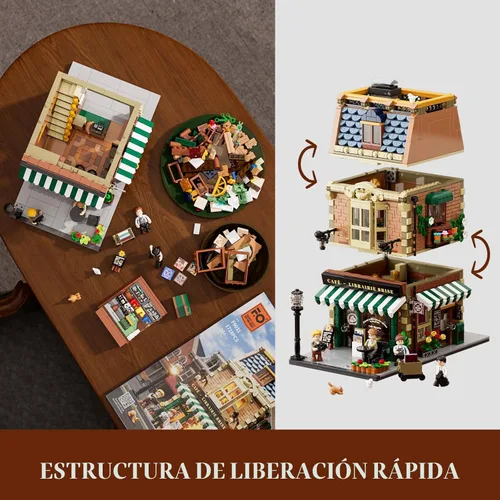 Miniatura 3 de Funwhole Set de Construcción de Café-Librería con Luces LED - Conjunto de Ladrillos de Construcción Modular de Modelo de Casa de Café de Ciudad