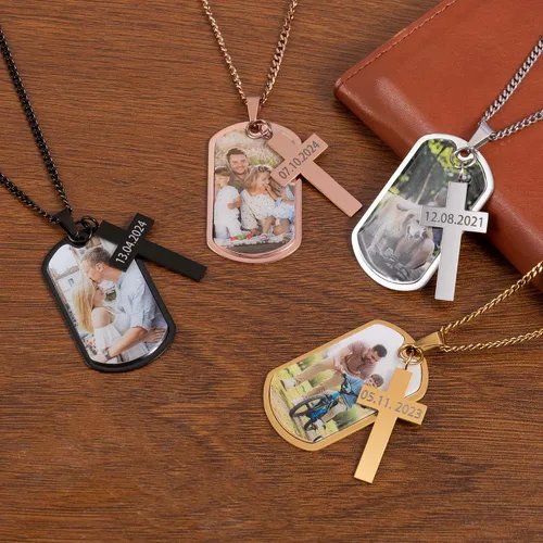 Miniatura 2 de CALLIE Collar personalizado con placa de identificación de cruz con foto para hombres, collares con colgante de acero inoxidable personalizado