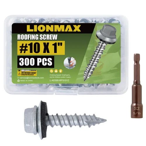 LIONMAX 300 piezas de tornillos para techos de metal #10 × 1 pulgada, revestimiento antioxidante, cabeza hexagonal, tornillo de chapa metálica para