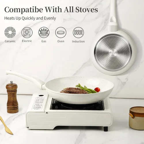 Miniatura 5 de Innerwell Sartén Antiadherente de 8 Pulgadas - Sartén Antiadherente de Cerámica Blanca, Sartén Segura y No Tóxica para Huevos y Tortillas, Sartén