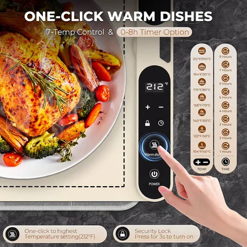 Miniatura 2 de Homelove Tapete de calentamiento para alimentos – Bandeja de calentamiento eléctrica rápida de superficie completa con 7 ajustes de temperatura
