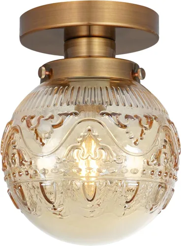 Daunton Lámpara de Techo Semiempotrada, Accesorio de Iluminación de Techo de Cocina Vintage Dorado, Luz de Techo Cercana con Globo de Cristal Ámbar,