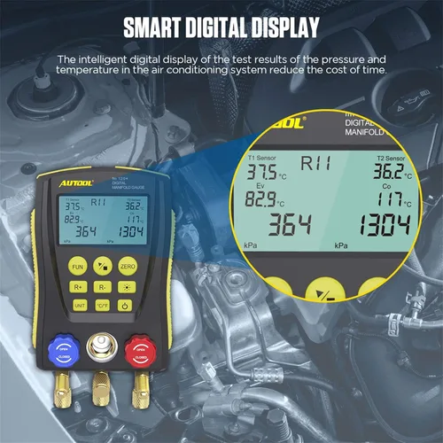 Miniatura 7 de Medidor de colector digital de refrigeración, kit de probador de temperatura de presión de vacío HVAC con clip de prueba y tubería para probar