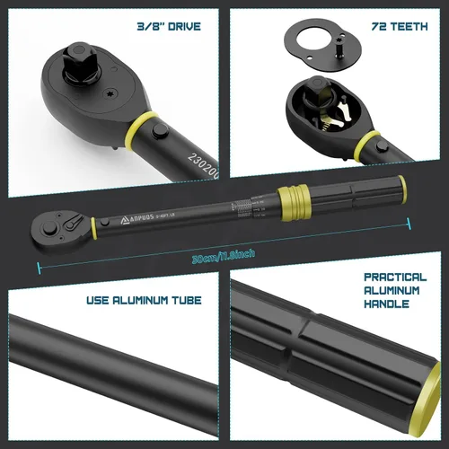 Miniatura 6 de ANPUDS Llave dinamométrica de clic de 3/8 de pulgada, 5-45 pies-libras/6.8-61 Nm, de doble dirección, aluminio ligero, 72 dientes, llave