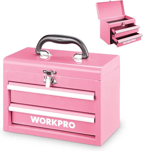 WORKPRO Mini caja de herramientas portátil, caja de herramientas de metal con 2 cajones con deslizadores de rodamientos de bolas, almacenamiento Rosa