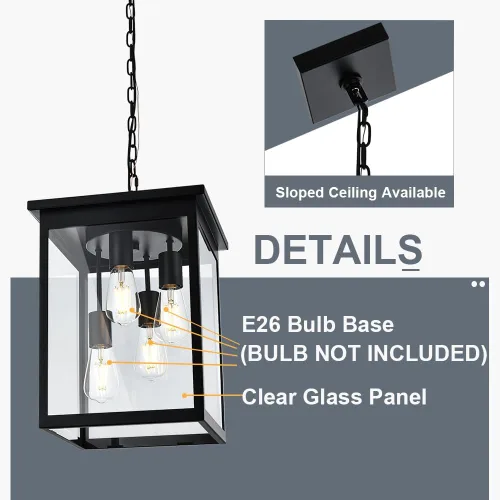 Miniatura 31 de TODOLUZ Lámpara Colgante de Exterior de 3 Luces Negra, Linterna Colgante Exterior Ajustable Luz de Porche