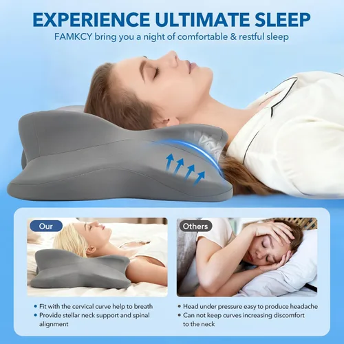 Miniatura 6 de Almohada cervical para aliviar el dolor de cuello, almohada ergonómica de espuma viscoelástica con funda de almohada de seda de hielo, almohada