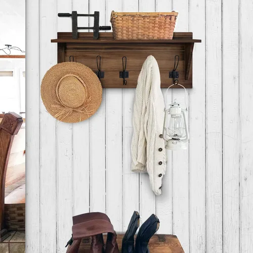 Miniatura 4 de HBCY Creations Perchero de pared de madera maciza color marrón rústico con estante, 5 ganchos, 24 pulgadas de largo, cocina, vestíbulo, entrada